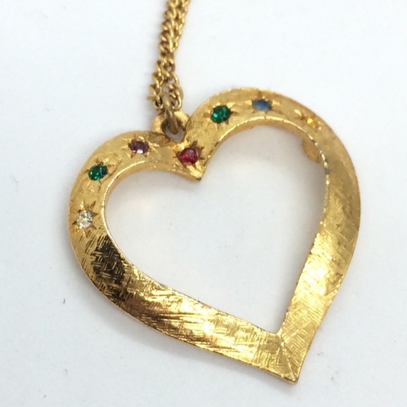 VINTAGE GOLD TONE HEART JEWEL TONE RHINESTONES NECKLACE - Picture 12 of 13
